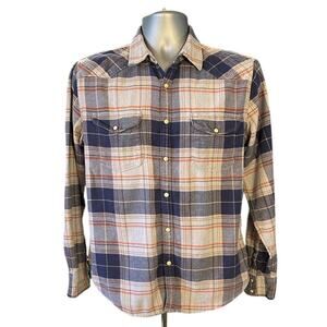 Lucky Brand Saturday Stretch Blue and Gray Check Flannel Pearl Snap Shirt Size M